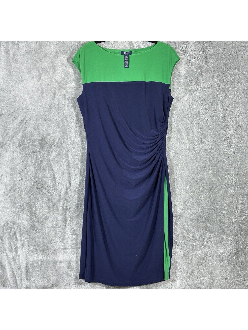 Chaps Women's Size L Navy Blue Emerald Green Colorblock Ruched Sheath Midi Dress